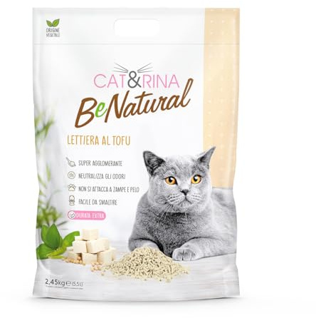 Cat&Rina litière pour Chat au Tofu, 5,5 L. Litière agglomérante végétale. Jusqu'à 30 Jours d'utilisation. Jetable dans Les Toilettes. Litière pour Chats Classique.