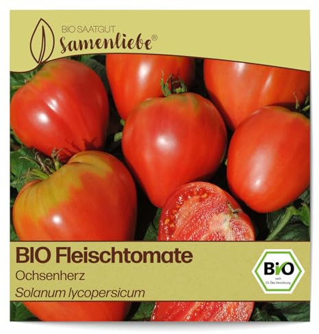 Samenliebe BIO Fleischtomaten Samen alte Sorte Ochsenherz Coeur du Boeuf längliche und herzförmige Tomate rot 10 Samen samenfestes Gemüse Saatgut für Gewächshaus Freiland und Balkon BIO Gemüsesamen