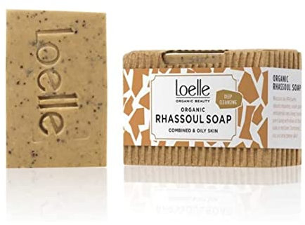 Loelle - Savon Naturel à l'Argile Rhassoul - Savon Solide pour les Cheveux, le Visage et le Corps, Idéal pour les Peaux Grasses et Mixtes - Produits de Beauté Organiques Fabriqués au Maroc (75g)