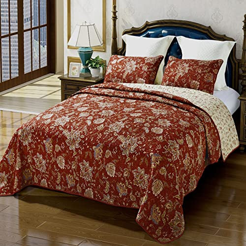 Qucover Tagesdecke Baumwolle 240x260cm Bettüberwurf Doppelbett Rot Decke Gesteppt mit Kissen Set Groß Wendedecke Landhausstil Blumenmuster