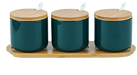 OnePine Set of 3 Sugar Bowl, 260ml Ceramic Spice Jar Salt Container with Lid and Spoon for Home and Kitchen