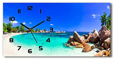 Tulup Horloge en Verre 60x30cm Silencieuse sur Pied Salon Design La Mur Impression Verre Sécurité Noir - Plage Seychelles