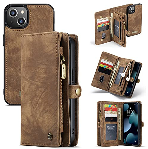 CaseMe Brieftasche Hülle für iPhone 13,Stoßfestes Geldbörsenetui,Abnehmbares Portemonnaie Mit Reißverschluss,Kartensteckplatz Und Originellem Magneten (13, Brown)