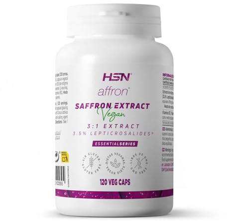 HSN Extracto de Azafrán Affron 3:1-120 Cápsulas Vegetales | 30mg de Affron por cápsula, 3,5% Lepticrosalides. Extracción en frío AFF ON Cool-Tech. Origen 100% España. Vegano.