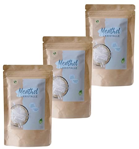 SudoreWell® Cristalli al mentolo in qualità alimentare, 100% puro olio di menta, in sacchetto di carta kraft (plastica libera), 3 x 100 g