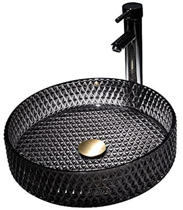 CGLYYDS Bad Waschbecken,Aufsatzwaschbecken Waschbecken Glas Waschtisch,Rund Waschtisch Handwaschbecken Waschschale Gäste WC mit Ablaufgarnitur,Black-A