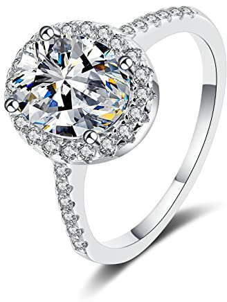 Dsnyu Silber Ringe mit Stein, Verlobungsring Ovaler Heiligenschein 925 Sterling Silber Weiß Größe 60 (19.1) für Sie Frau