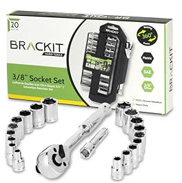 brackit Set di 20 chiavi a bussola resistenti di alta qualità con impugnatura a cricchetto reversibile e barra di estensione a cricchetto, kit di attrezzi professionali per auto e fai da te, set di