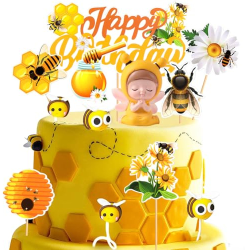 HGSHUO Tortendeko Biene Kuchen Deko Geburtstag Cake Topper Bee Gänseblümchen Torte Deko Happy Birthday Kindergeburtstag Cupcake Topper Sommerparty Kuchendeko A