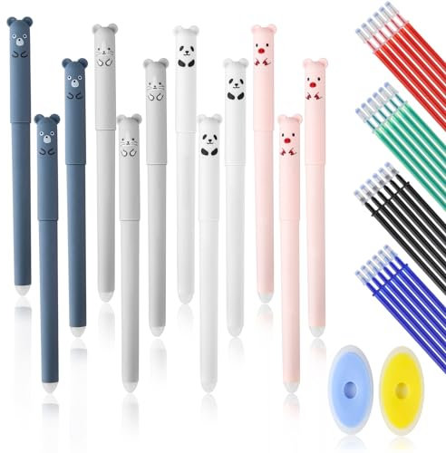 lahnao 12 Stück Radierbarer Kugelschreiber, 0.35mm Erasable Pen mit 24 Ersatzmine und 2 Radiergummi, Cartoon Radierbare Stifte, Gelstifte Radierbar für Studenten, Schulen und Büros