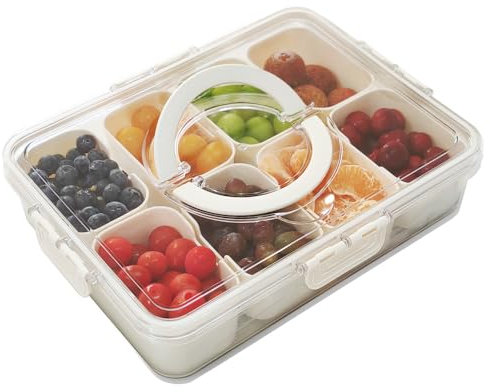 IRONA geteiltes Serviertablett mit Deckel und Griff - Snackle Box Charcuterie Behälter für tragbare Snackplatten - Durchsichtiger Organizer für Süßigkeiten, Obst, Nüsse, Snacks - Perfekt für Party