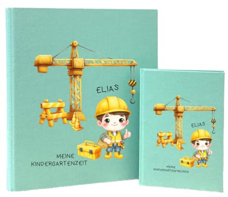 minimutz Set Freundebuch Kindergartenmappe - Personalisiert mit Name - Freundschaftsbuch Erinnerungsordner Junge Mädchen - Poesiealbum und Ringbuchordner Kita Bagger (Mint)