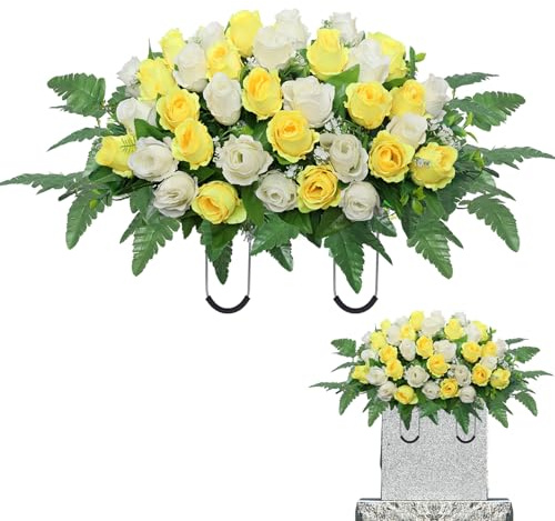 Artificial Cemetery Flowers Saddle - Grave Decoration Headstone Flower Rose for Outdoor Grave Decorations (Yellow White)