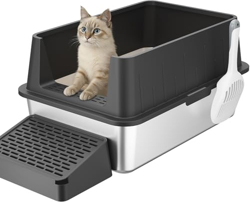 Lifewit 28L Groß Katzenklo Edelstahl mit Schaufel und Pedal, 60x40x30cm | Katzenklo mit hohem Rand für große Katzen, Katzentoilette XXL, Stainless Steel Cat Litter Box für Wohnzimmer Schlafzimmer