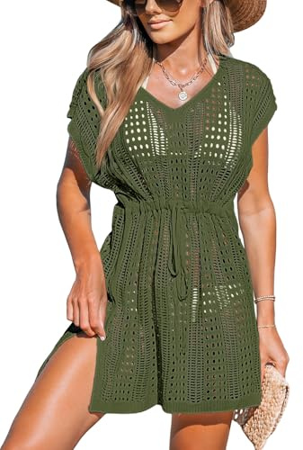 CUPSHE Bikini Cover Up strandklänning V-ringad dragsko sidoslits hålmönster virkad strandponcho sommar strandkläder virkad miniklänning, Gul grön, XS