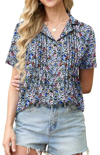 GRECERELLE T-shirt damer, sommartoppar, v-ringad, kortärmad för damer, toppar, lätt, lös blus, elegant, Svart anemon, L