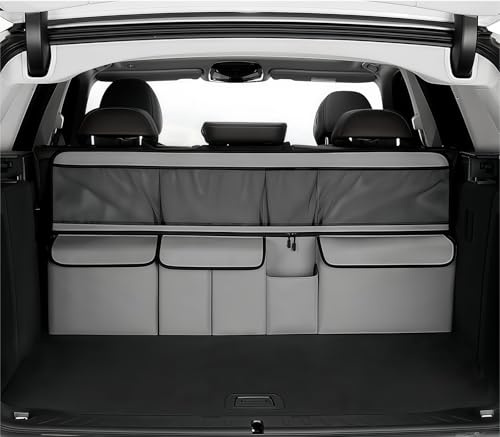 JUXINE Kofferraum-Organizer mit Hängefunktion (100x50 cm) – Wasserdichte, faltbare Auto-Aufbewahrungstasche mit 5 Fächern, Mesh-Fach und Hakenverschluss für SUV, Pick-ups & Vans (Grau)