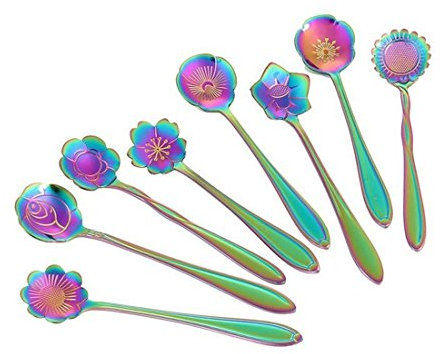 Kcvzitrds 8pcs / Ensembles de cuillere en Acier Inoxydable de Mode Magique petale Plaque Or Magique cuillere de Fleurs colorees cuillere a Cafe coloree