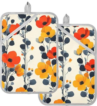Set di presine resistenti al calore con fiori rossi gialli e foglie nere moderne presine scandinave per cucine con tasca porta cuscinetto caldo per forno, confezione da 2