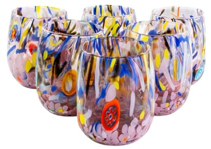 MurArt Bicchieri di Murano. B12 DECORO MG. Set 6 Bicchieri da 250 ml.Alt 11CM.In Vetro soffiato, Lavorato a Mano artigianalmente. Made in Italy. (AMETISTA, BICCHIERE)