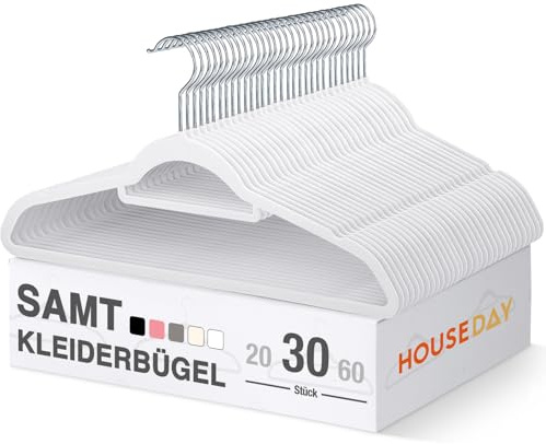 HOUSE DAY Kleiderbügel Samt, 30er Set, Premium Bügel, Weiß | Kleiderbügel Platzsparend und rutschfest Samtbügel mit 360° drehbarer Haken für Hemden, Anzüge, Pullover, Hosen