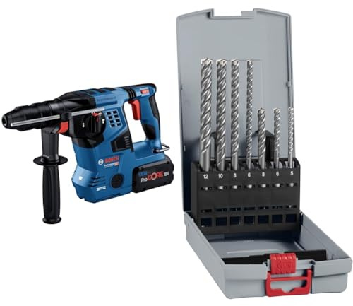 Bosch Professional 18V System Cordless Rotary Hammer GBH 18V-28 CF + 7X PRO SDS plus-5X Hammer Drill Bit Set (for Concrete, Lime and Sand Bricks, Ø 5-12 mm)