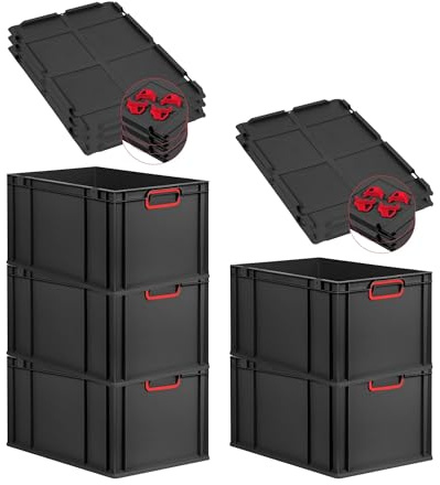 PROREGAL SparSet 5x Eurobox NextGen Color mit Auflagedeckel & Schiebeschnappverschlüsse, HxBxT 32x40x60cm, 65L, Schwarz, Griffe rot geschlossen,Eurobehälter, Transportbox, Transportbehälter