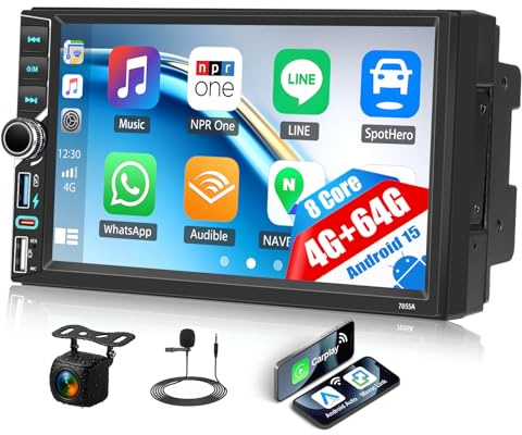 OiLiehu 4G+64G 8-Core Android 15 Double Din Car Stereo with Wireless CarPlay Android Auto, 7 Touchscreen 2 Din Radio with WiFi GPS Mirror Link Bluetooth FM RDS SWC DSP/EQ USB Type-C Backup Camera