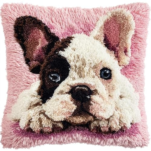 WallustrioaW Tier Hund knüpfteppiche & knüpfkissen Kissenbezug,Süße französische Bulldogge,Choices Knüpfteppich Zum Selber Knüpf-Sets mit Kissen knüpfen-Set,43x43cm