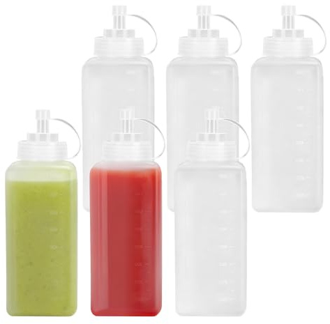 WENLISELL Confezione da 6 bottiglie quadrate in plastica da 800 ml con beccuccio, grandi bottiglie per condimenti con tappo, bottiglie per condimenti a bocca larga, per ketchup, salsa piccante