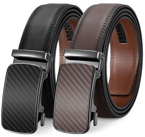 LEACOOLKEY 2 Pack Men's leather belt with slide automatic, Adjustable Ratchet Belt 35mm for men for business casual