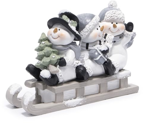 Hodao Christmas Snowman Sled Figurines in Grey, Resin Holiday Decorations with Three Snowmen, Neutral Winter Tabletop Ornaments, Festive Mantel and Tiered Tray Accents, Gift for Family and Friends