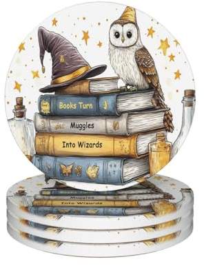 Coaster Sets of 4 - Absorbent Round Coasters Water Absorb Spill with Non-Slip Cork Backing, Ceramic Stone Cup Mat Drink Coasters for Tabletop Protection Home Decor(Books Turn Muggles Into Wizards)
