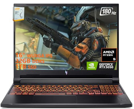 acer Nitro V 16 AI Gaming Laptop | 16 WUXGA IPS 180Hz | AMD 6-Core Ryzen 5 240 | 32GB DDR5 1TB SSD | GeForce RTX 5050 8GB DLSS4 (Up to 440 AI Tops) | Backlit Keyboard Win11 w/DLCA Accessory