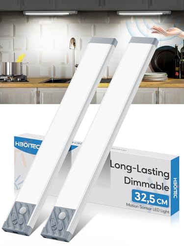 HIBOITEC Skåpbelysning med rörelsesdetektor 32,5 cm 2 500 mAh, dimbar skåpbelysning trådlös, 70 LED skåplampa underbyggd lampa LED-list batteri vitt ljus