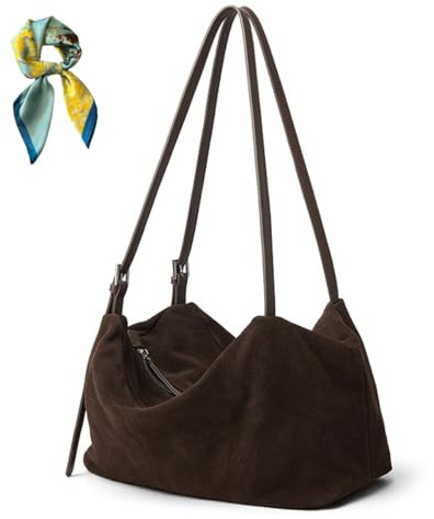 Suede Slouchy Shoulder Bag for Women,Top Handle Fall Purse Crossbody Bags,Brown Retro Trendy Tote Satchel Work Travel (Coffee)