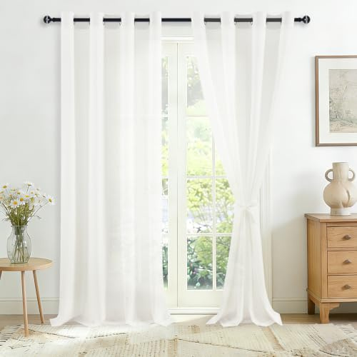JIUZHEN Vorhänge Weiss Halbtransparent Voile Gardinen mit Ösen H240xB140 cm | 2er Set H240 x B140 cm, Weiß Outdoorvorhang mit Raffhalter Terrasse Durchsichtig Luftig Dekoschal für Schlafzimmer Wohnzimmer