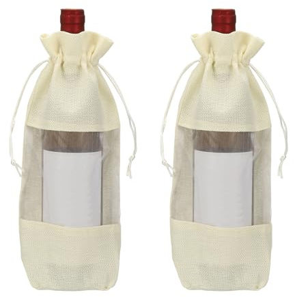 QUARKZMAN 2 Stück Weinflaschen Geschenktaschen Mit Zugbändern Weiß | Klare Jute Wein Taschen, Wiederverwendbare Flaschenhüllen, Für Hochzeit Geburtstag Party