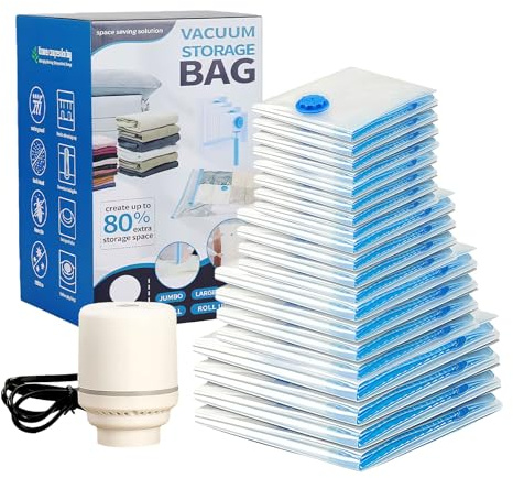 20 Pack Vacuum Storage Bags with Electric Pump, Jumbo Large Vacuum Bags for Clothes, Space Saving Storage Bags for Travel,Bedding