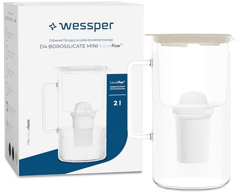 Wessper Jarra Filtrante de Vidrio con cartuchos filtrantes para Agua Potable de 2 l, Jarra filtrada con Contador Inteligente, Kit que Incluye 1 filtro de Carbón Activo- Beige