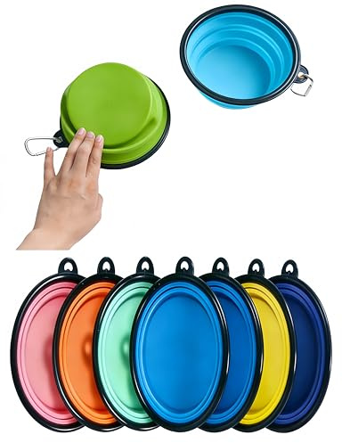RQzaufania Cuencos plegables Ddog con mosquetones para una fácil portabilidad; borde moldeado de una sola pieza evita el colapso. Paquete de 2 cuencos de viaje para comida y agua para perros y gatos
