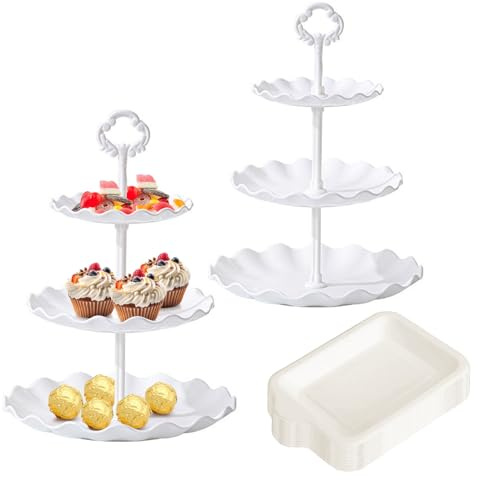 3 Tiers Cake Display Stand, 2PCS Party Server Plates Stands (White) | with 30 Dinner Plates Reusable Afternoon Tea Stands for Blue Communion Wedding Graduation