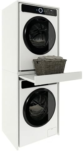 CraftPAK Waschmaschinenschrank für Waschmaschine & Trockner | Platzsparender Waschturm mit ausziehbarer Arbeitsfläche | Schrank für Badezimmer und Hauswirtschaftsraum mit Stauraum
