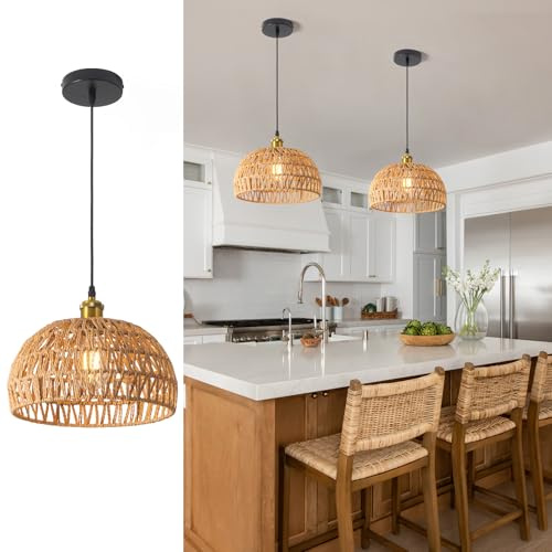WOWEWA Handgeflochtene Rattan-Pendelleuchte,Boho-Kronleuchter mit natürlichem Rattan-Schirm,E27 Höhe verstellbar, Küchenleuchte für Esszimmer,Wohnzimmer,Kücheninsel,Schlafzimmer,Flur