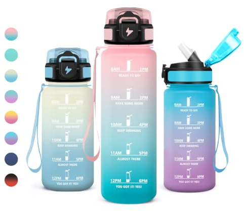 JAPORIA Bottiglia Acqua 1L, Borraccia con Cannuccia, Borraccia Motivazionale, Borracce con Scala Temporale, Senza BPA, A Prova di Perdite, per Campeggio, Outdoor, Sport