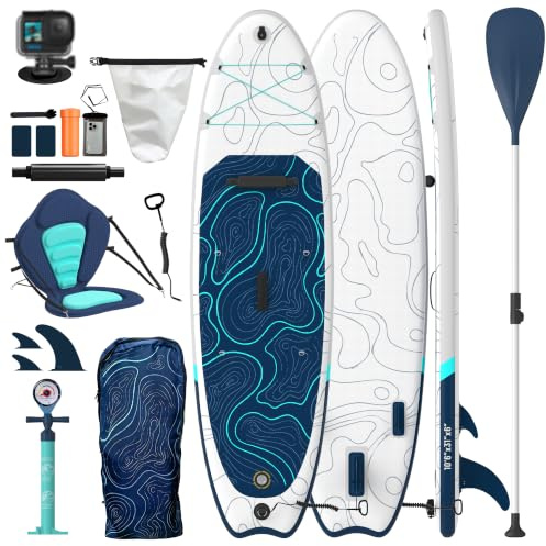 JUMMICO SUP Board Set Aufblasbar, Stand Up Paddling Board mit 2in1 Sup Paddel und Sitz. Zum Sitzen, Liegen. Standup Paddle Boards mit Anschluss für Kamerahalterung und Zubehörset, für Bequeme Nutzung