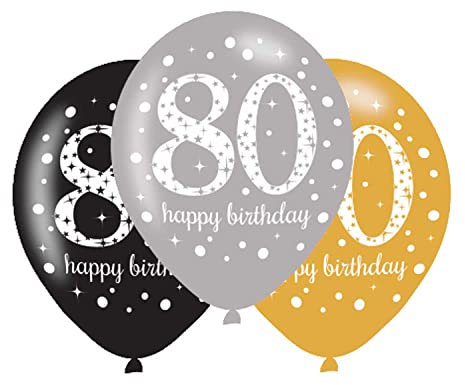 amscan 10022464 Assorted 80th Birthday Latex Balloon Decoration-6 Pcs, 80, Gold