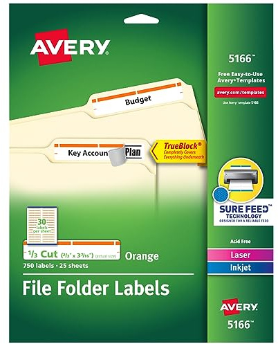 Avery TrueBlock File Folder Labels, 2/3 x 3-7/16, 750 Printable Labels, White/Orange, Permanent (5166)