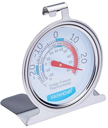 KitchenCraft Fridge Freezer Thermometer with Min Max Temperature Guide, Clear Dial, Stainless Steel, Silver