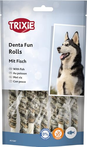 TRIXIE Hundeleckerli Denta Fun Rolls mit Fisch – 75 g, 10 St., 12 cm | Zahnpflege-Kauartikel mit strukturierter Oberfläche – schmackhafte Belohnung fürs Training, ideal für zwischendurch
